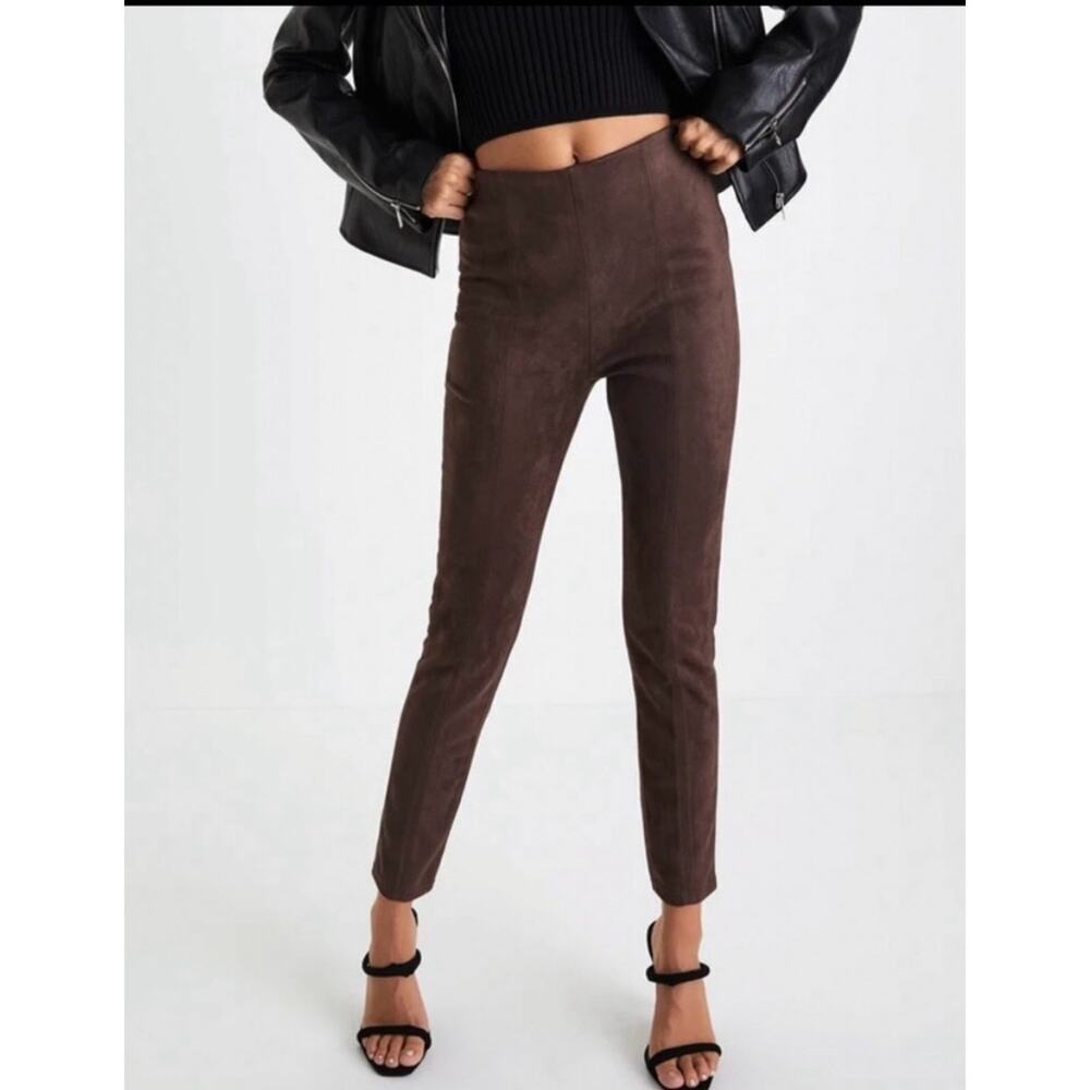 SAVVI Women's Elastic High Waisted Vegan Suede Ankle Leggings Size L Brown Pants